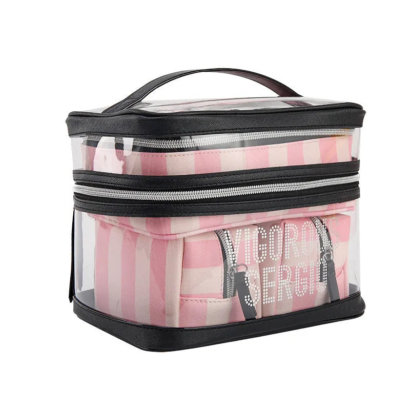 Pink floral striped waterproof synthetic leather makeup buggy bag with folding design.