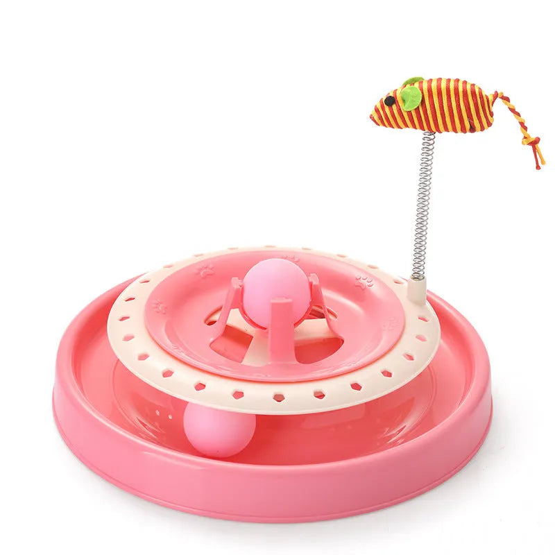 Pink interactive cat play plate toy with spring, PP plastic, 20.6cm diameter, 25.3cm high