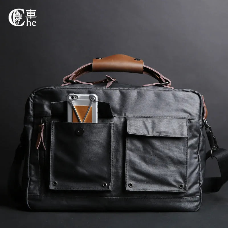 Dpark black laptop messenger bag for 15-inch Apple Lenovo computers on a shoulder.