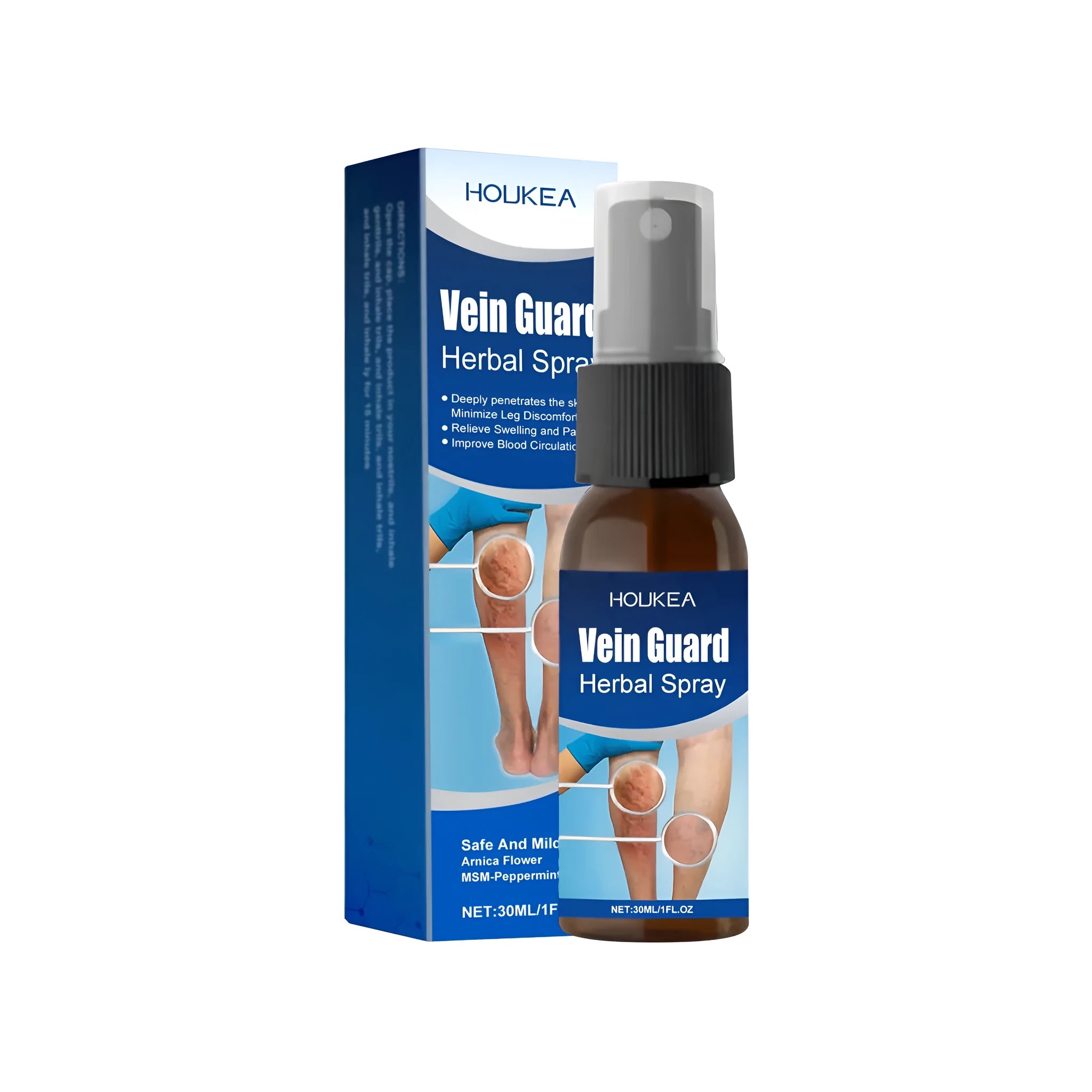 30ml leg soothing spray bottle with menthol arnica and mint leaves
