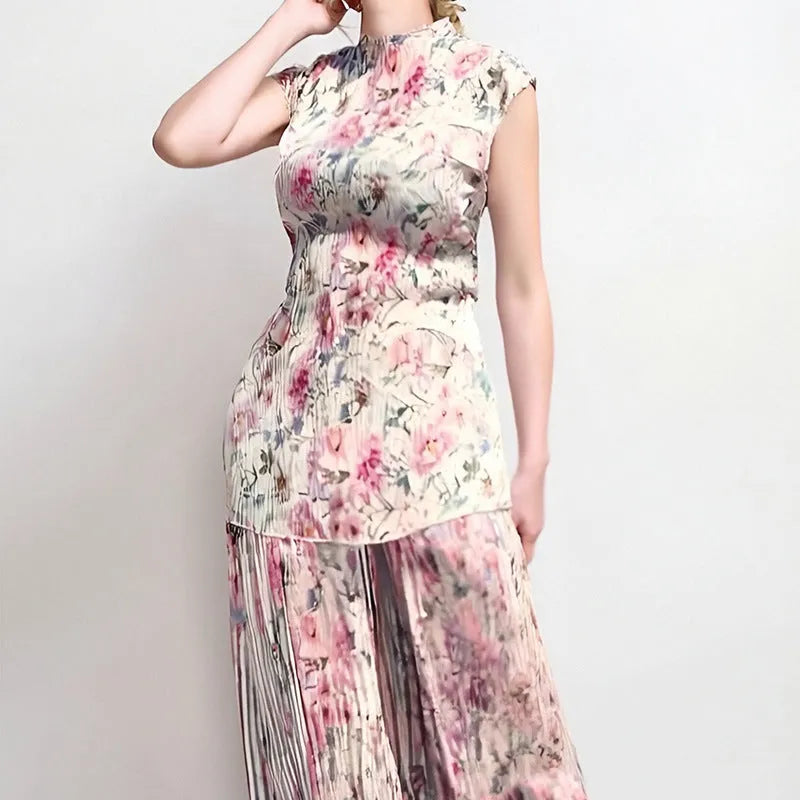 Women's long sleeve printed chiffon dress with high waist design, two-piece set with skirt and top
