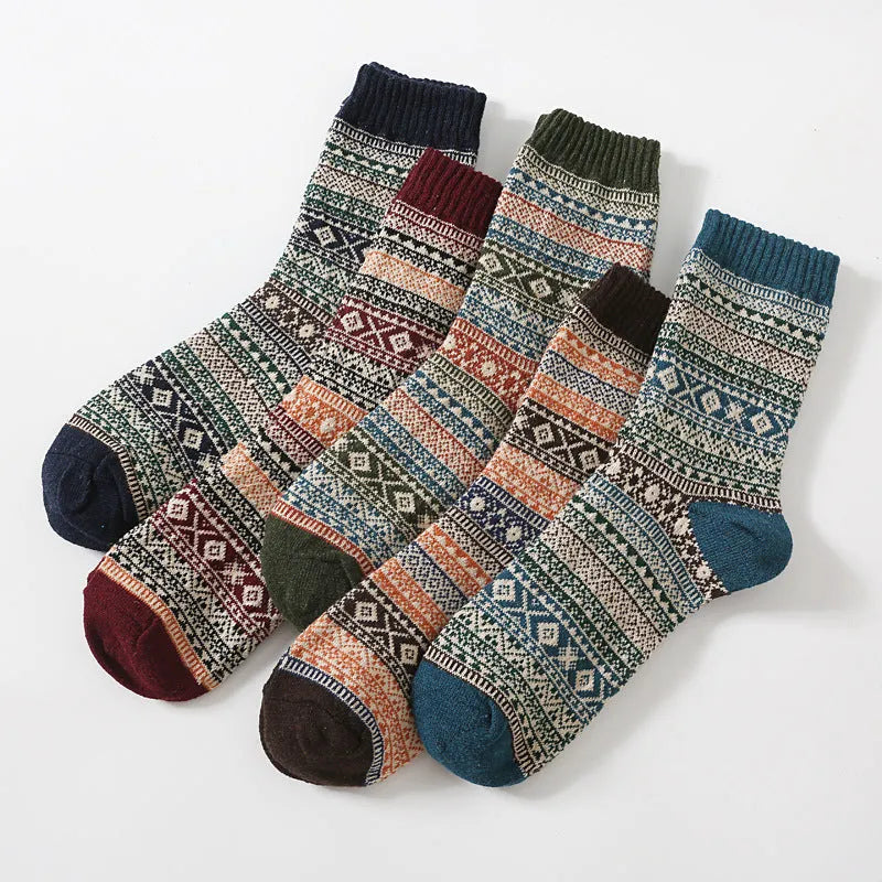 Retro cotton men's anti-friction mid-calf socks in a thick needle large square pattern, 5 pairs pack