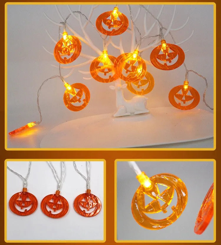 Halloween LED string lights with pumpkin, ghost and bat pendants on white cord