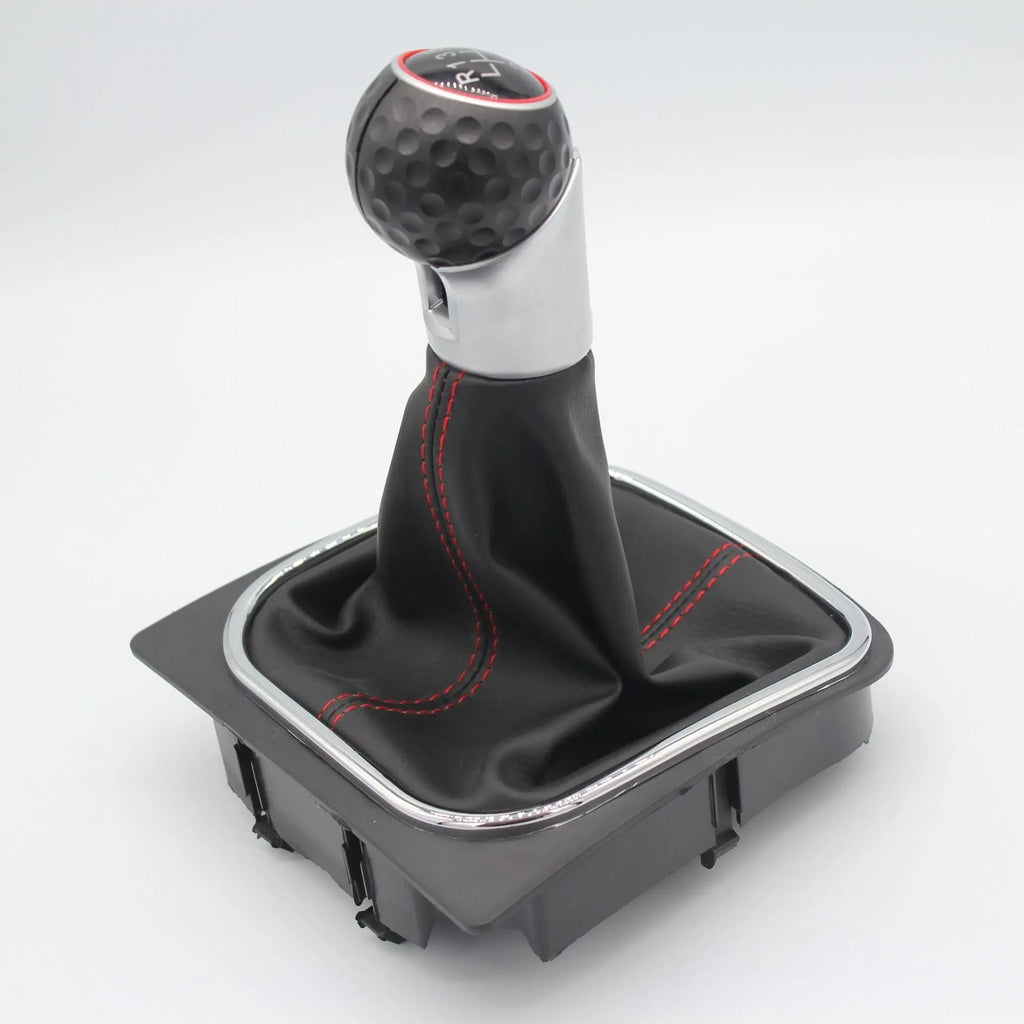 Black leather manual gear knob with dust boot for Volkswagen Golf 5, 6 and 7 models.
