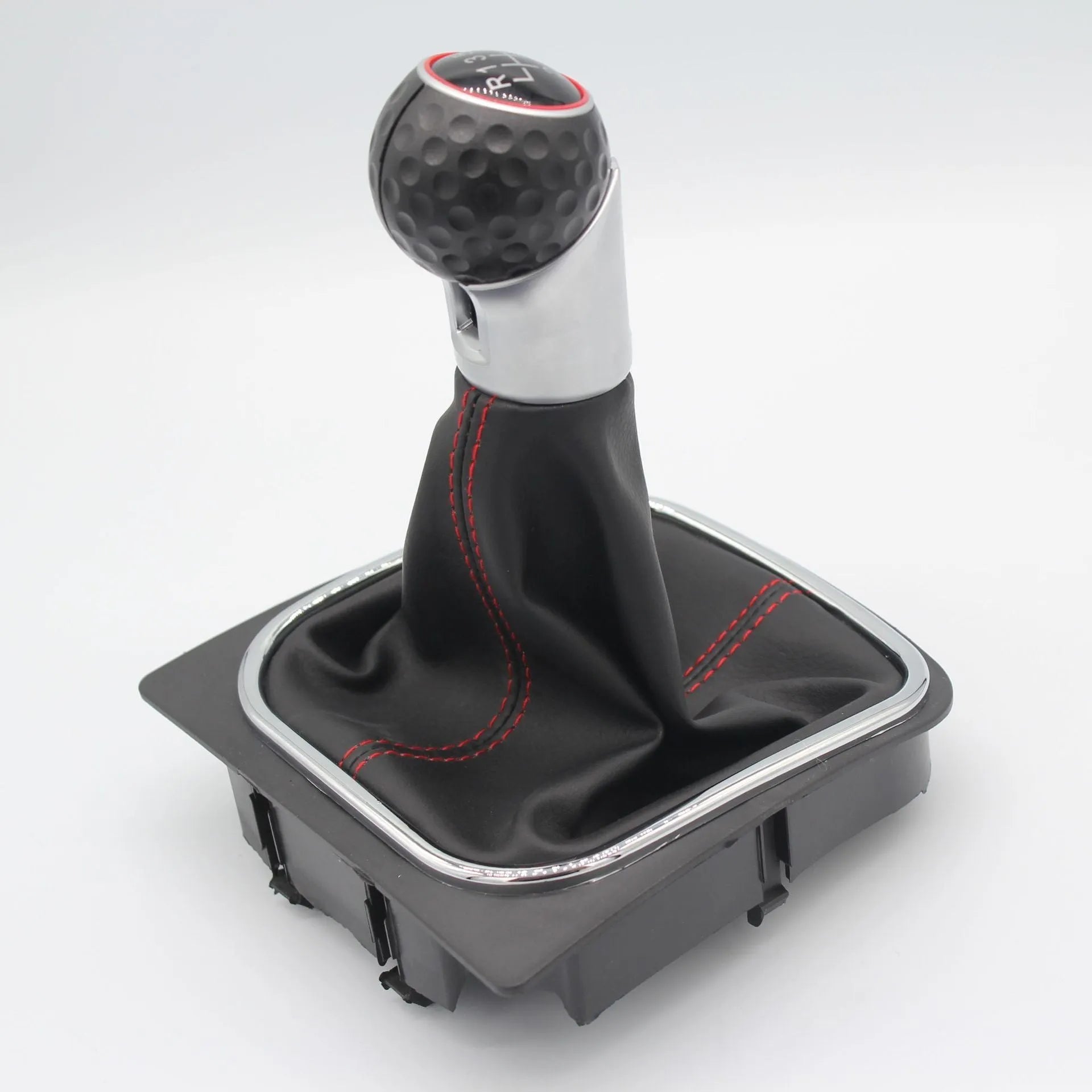 Black leather manual gear knob with dust boot for Volkswagen Golf 5, 6 and 7 models.