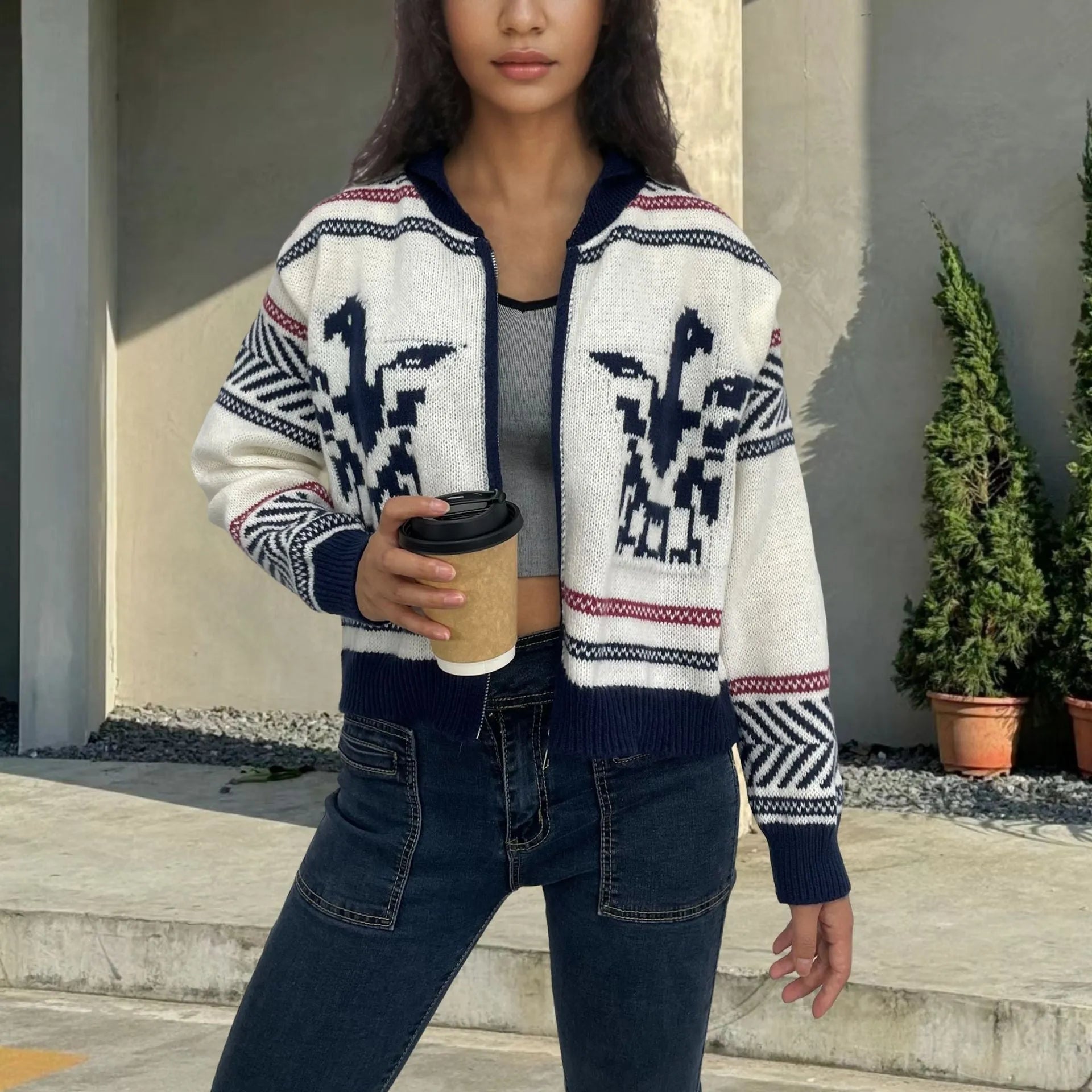White women's jacquard zip cardigan with lapel collar and contrast colour striping