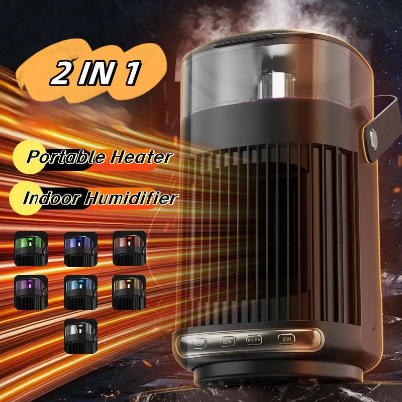 Black portable heater humidifier 2-in-1 unit with compact 24x13x13cm size for desk use