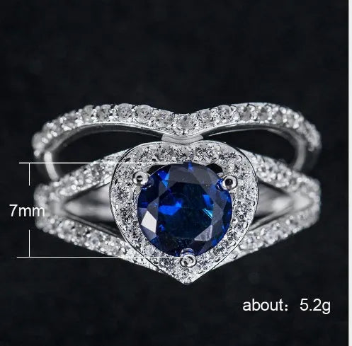 Heart-shaped diamond ring with 18k platinum plated alloy band, 12g, sizes 6-10, blue or white stone