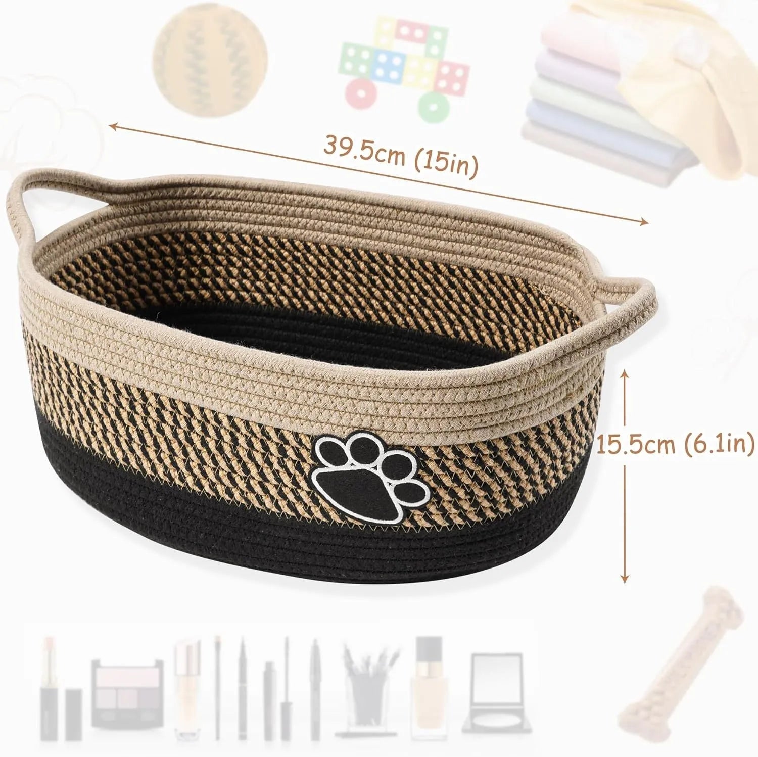 Small light beige handmade woven cotton rope storage basket with a handle on a wooden floor.