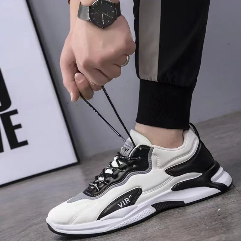 Men's black white lightweight breathable synthetic leather lace-up casual sneakers with round toe