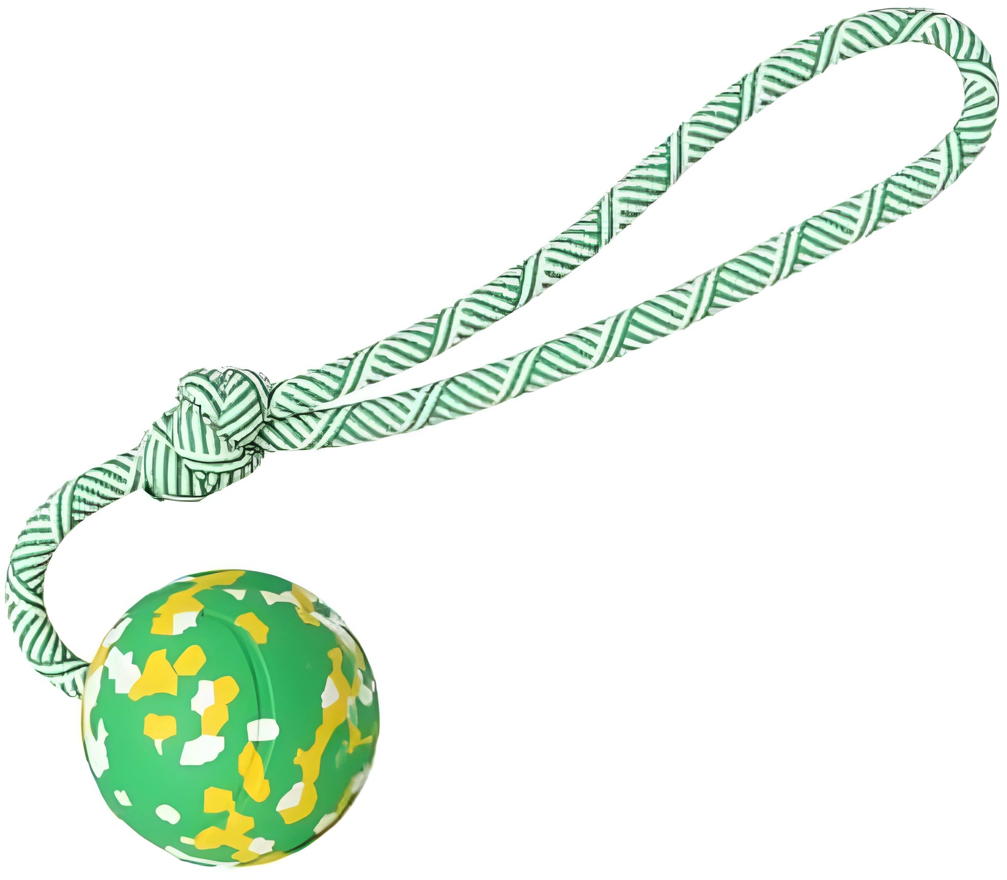 Natural rubber dog ball on nylon rope toy in L and S sizes for medium and small dogs