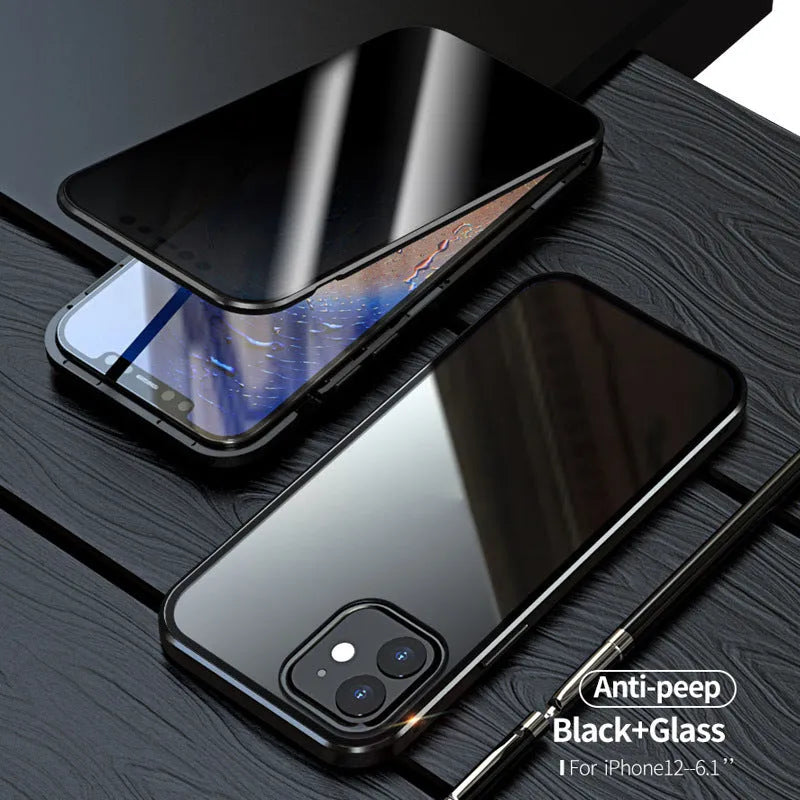 Black magnetic privacy glass iPhone case with anti-spy screen on an iPhone 15 Pro Max
