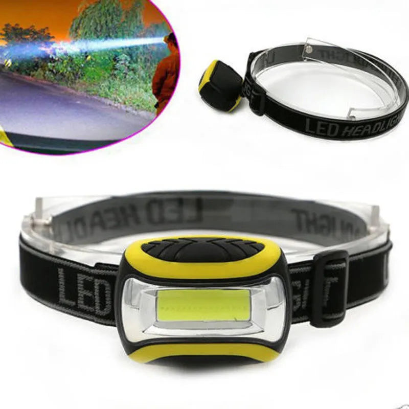 Yellow three-speed COB LED headlamp with adjustable head strap on a black background.