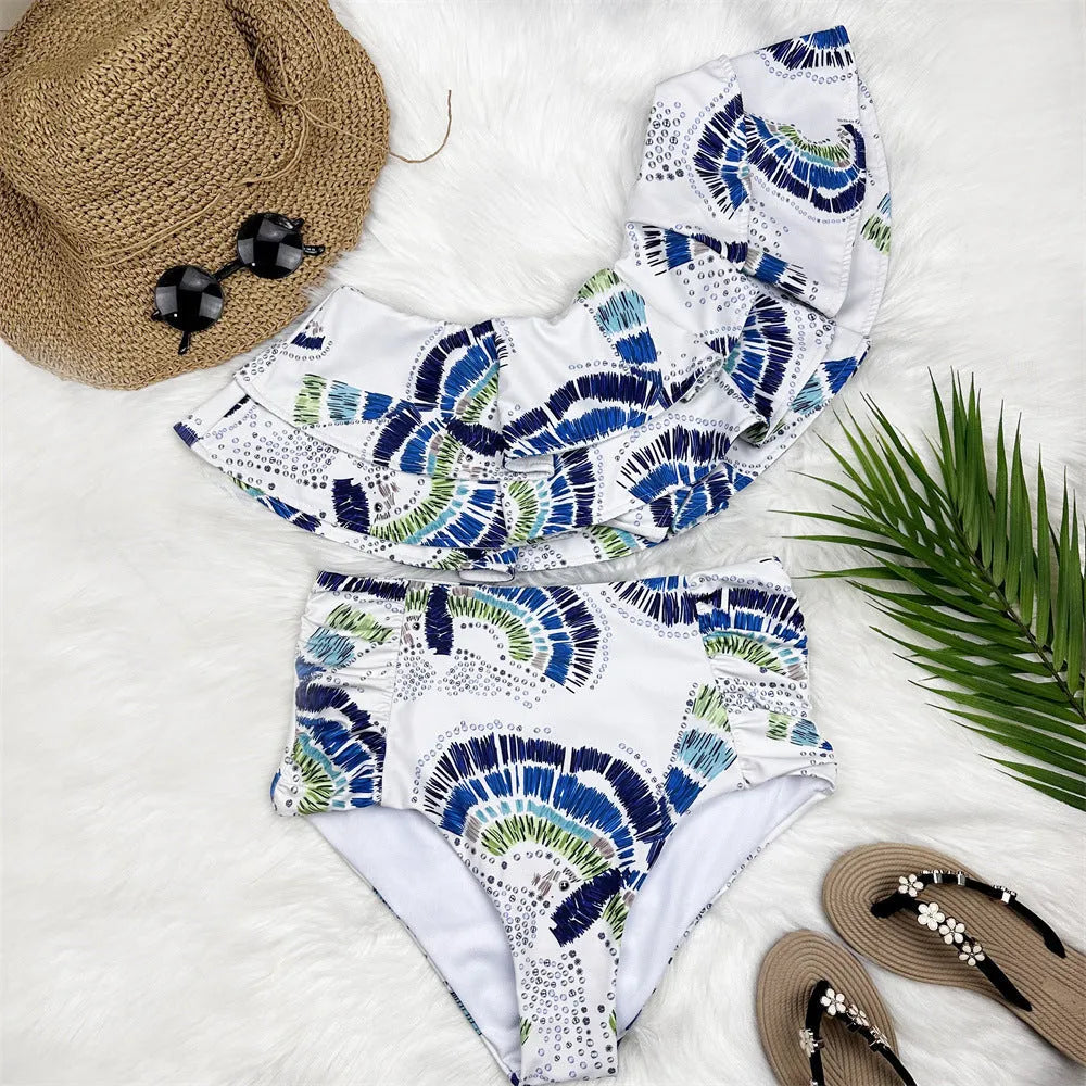 White women's one-shoulder swimsuit with double-layer construction and lotus leaf design