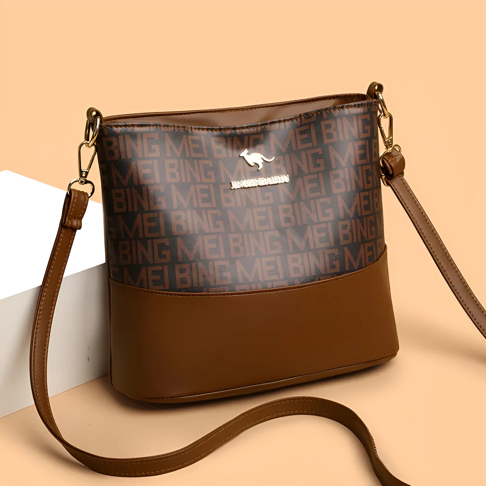 Retro soft PU messenger bag in brown with sewing thread detail and horizontal square shape