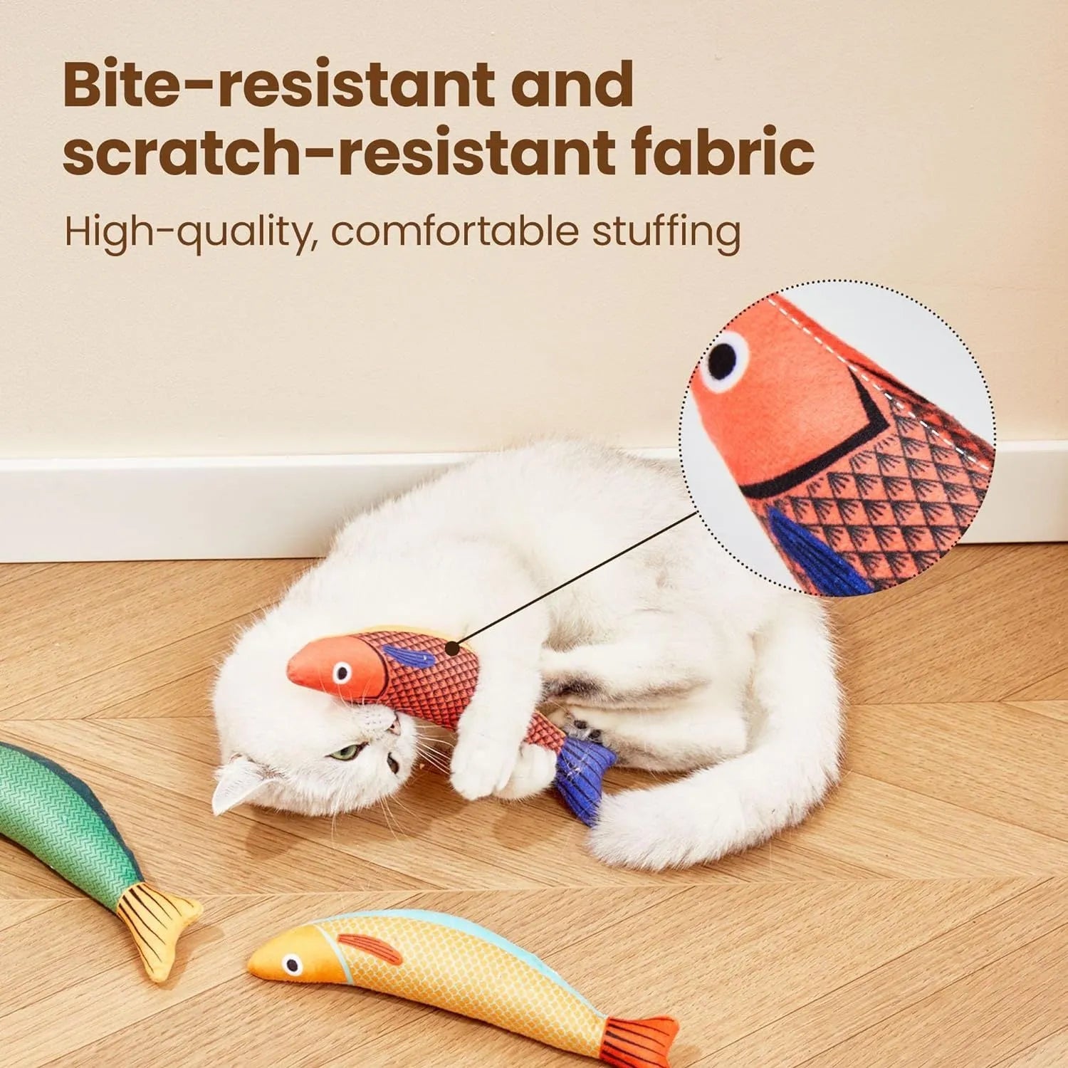 Soft plush fish cat toy in green with organic catnip filling for interactive play