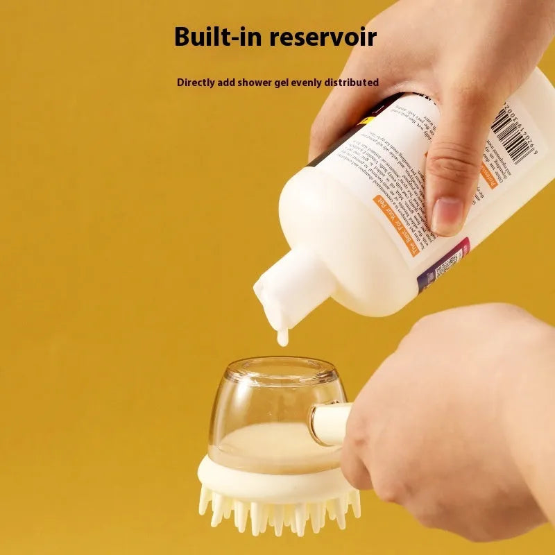 3 in 1 pet bath brush with shampoo dispenser, silicone soft nails, non-slip 18cm handle, for dogs and cats