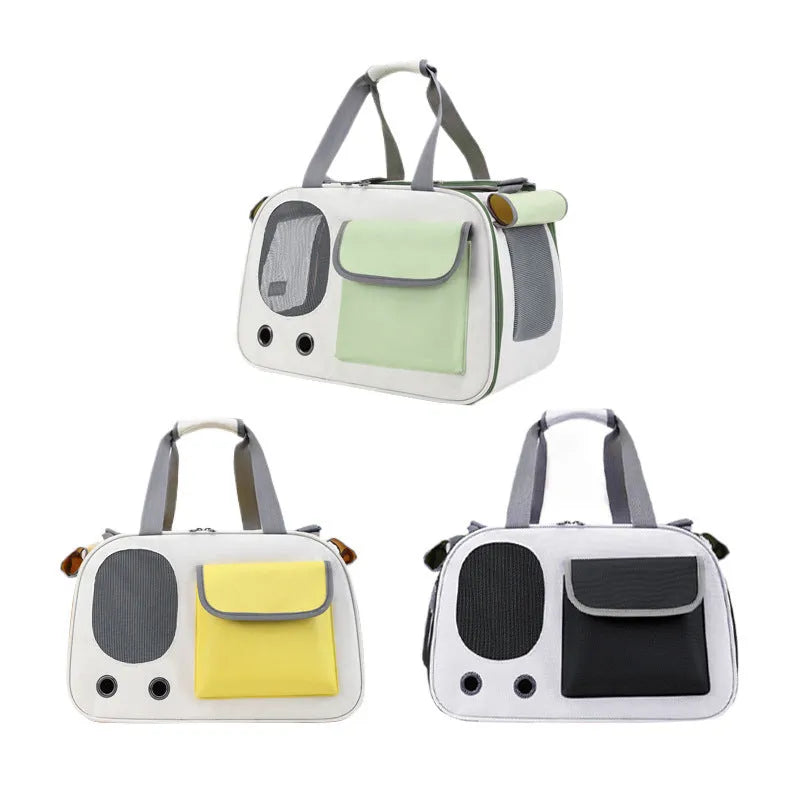 Foldable canvas pet carrier backpack for small dogs and cats in yellow, green, or black