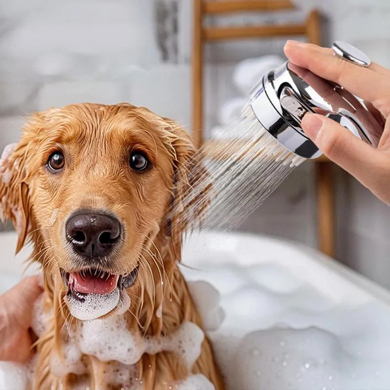 Silver 2-in-1 dog shower attachment with soft silicone comb teeth and ergonomic grip for home bathing