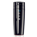 Black ABS and stainless steel electric car warm water cup with charging cable, 400ml capacity, 22cm height