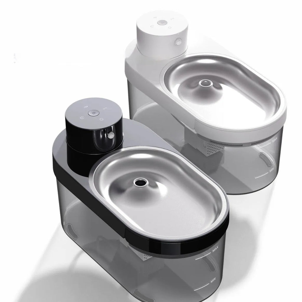 Black wireless stainless steel pet water dispenser with built-in battery for cats and dogs on a floor