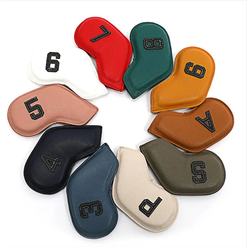 Set of 10 minimally digital printed golf club head covers in multiple colours for sports protection