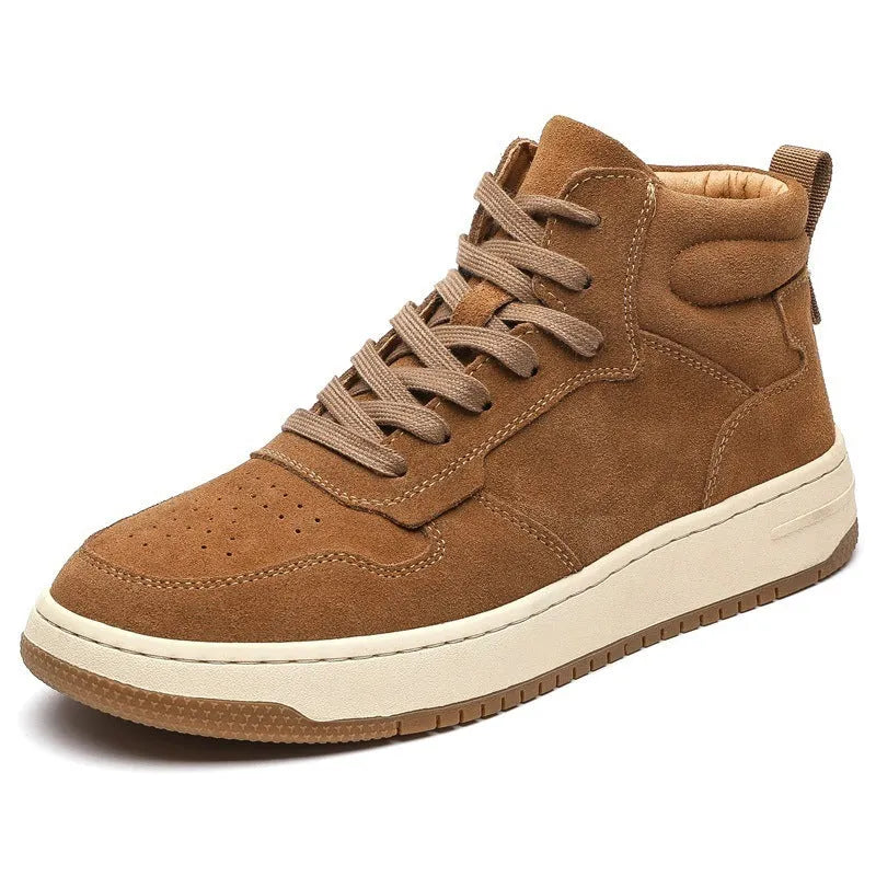 Men's retro workwear mid-top Martin boots in brown cowhide with lace-up closure and flat heel on neutral background