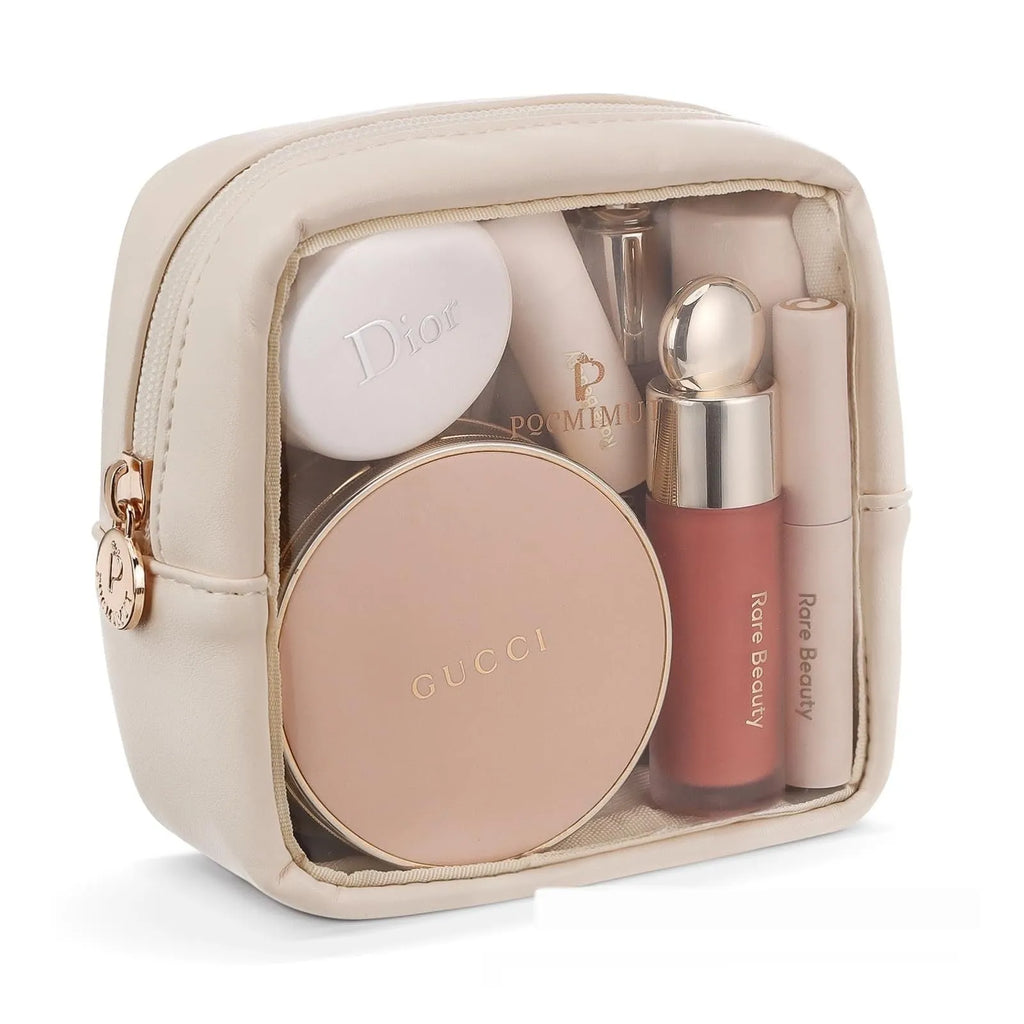 PVC transparent cosmetic bag showing interior with waterproof lining and dry-wet separation compartments