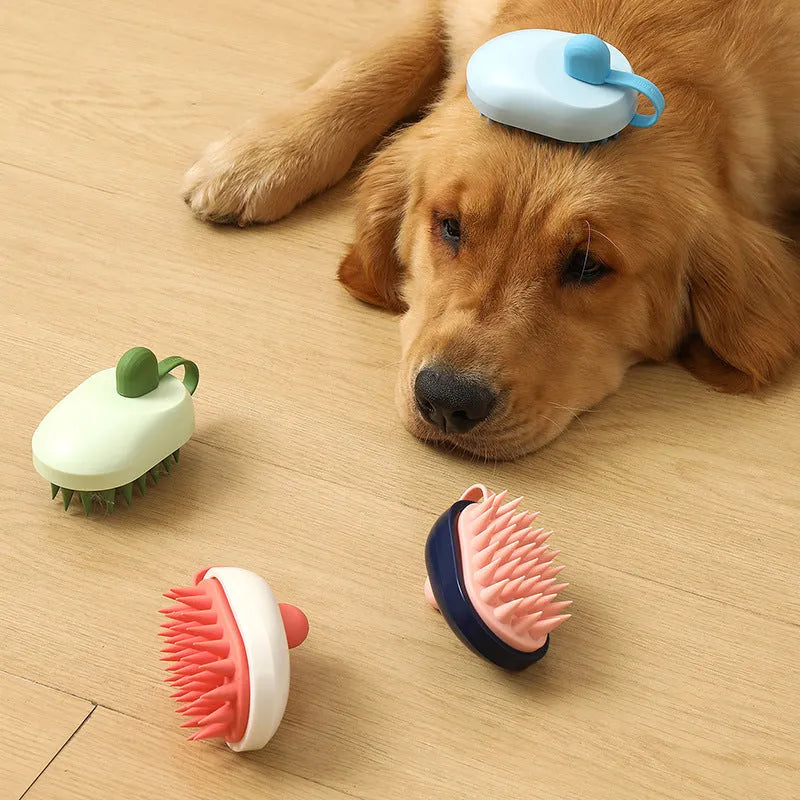 Handheld silicone pet grooming brush for hair removal and massage during bath time