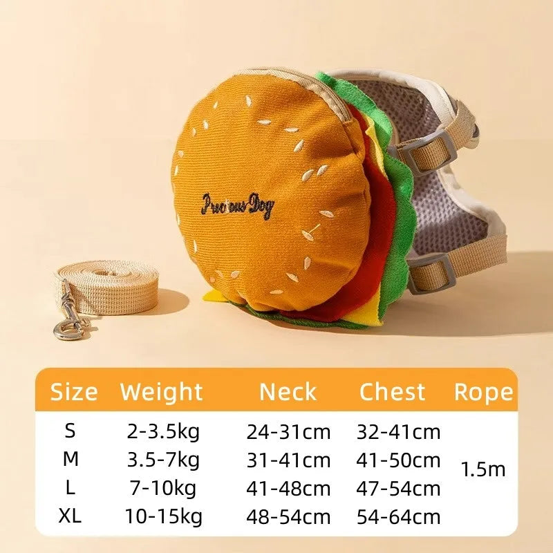 Cartoon hamburger print adjustable vest harness with backpack and leash for dogs or cats
