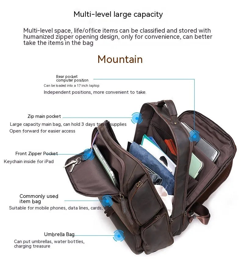 Dark brown genuine leather backpack for men with 17-inch laptop compartment and multiple internal organisers