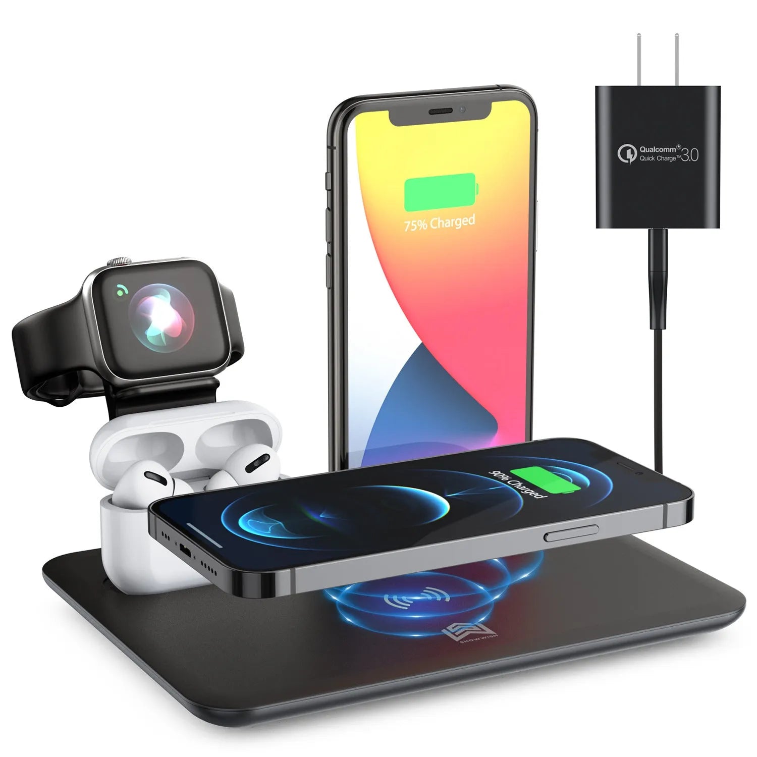 Black and white wireless charging station for mobile phone, smartwatch, and headphones on a desk.