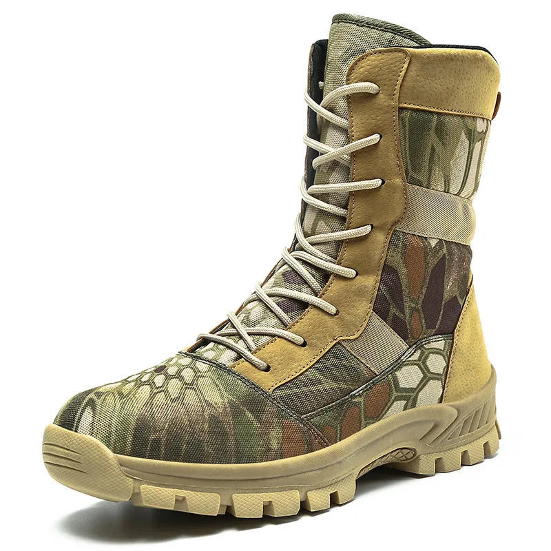Men's plus size high-top Martin boots in black and camouflage colours with mesh upper and totem design