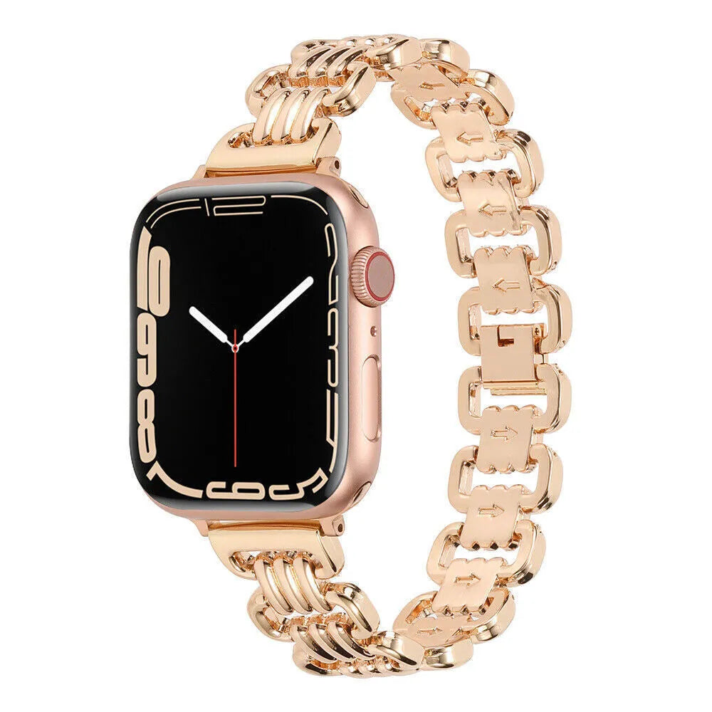 Alloy metal Apple Watch replacement bracelet in silver, black, gold, rose gold, and starlight colours with adjustable clasp.