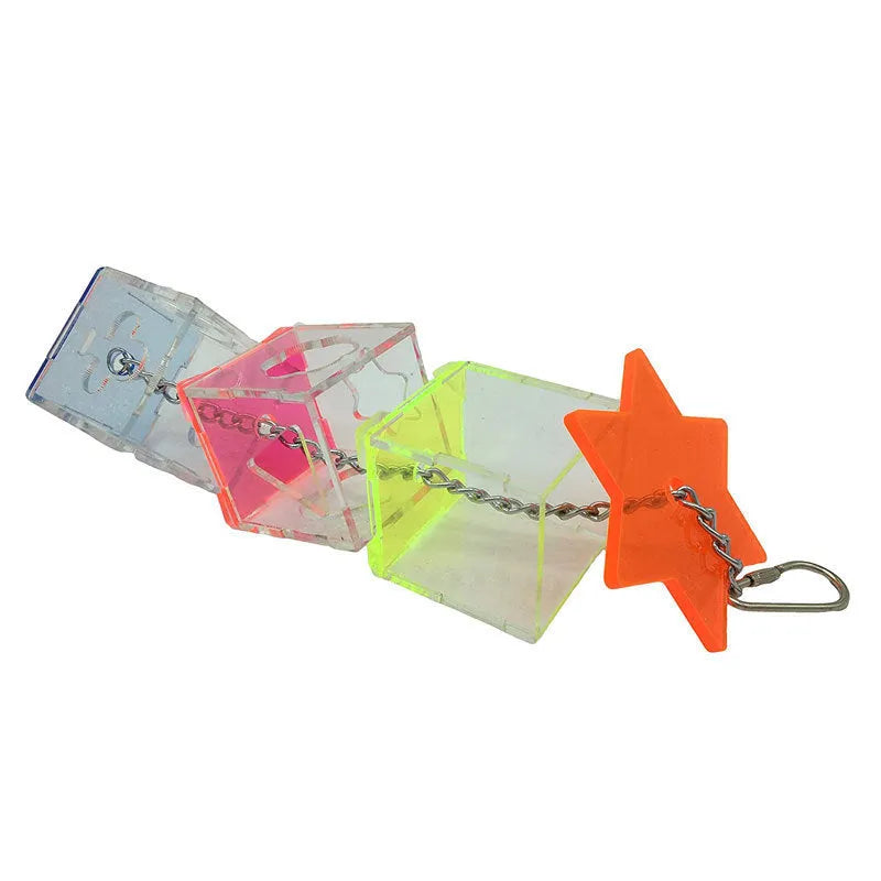 Clear acrylic parrot foraging toy measuring 32cm long, filled with bird treats.