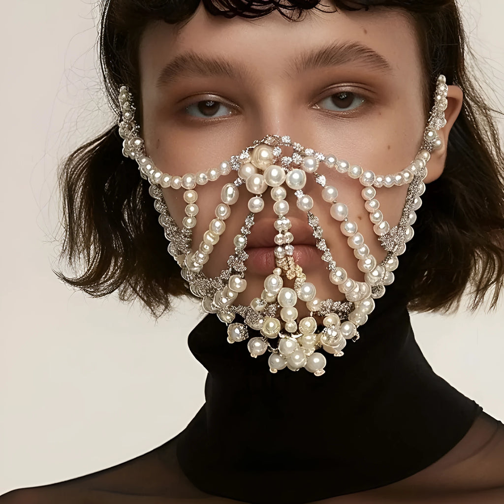 Geometric party mask with alloy frame and rhinestone decoration in silver or gold electroplated finish