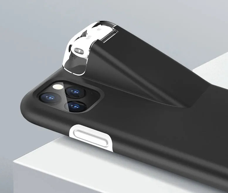 2-in-1 black edge case cover holding iPhone and AirPods charging case in matte acrylic and silicone