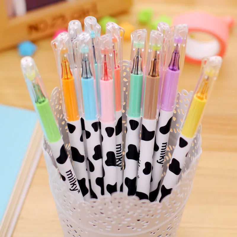 Cow pattern gel pen with 0.38mm tip showing twelve different colour options for office use