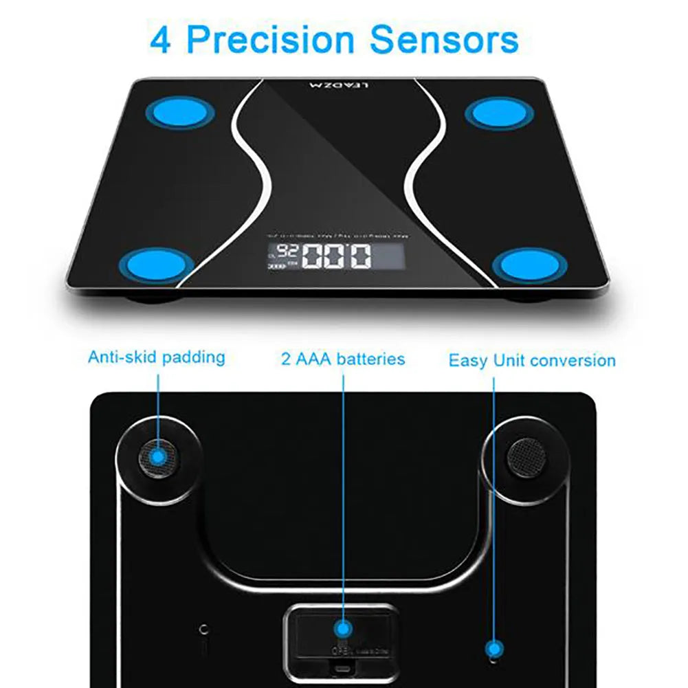 Matte black electronic body scale with digital display showing weight measurement