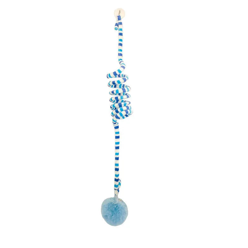 Blue inflatable ball on a spring attached to a plastic handle with suction cup, a cat toy for kittens