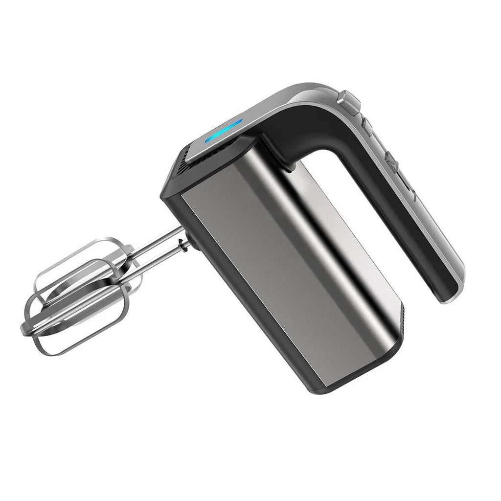 Silver handheld electric kitchen whisk with beaters on a countertop