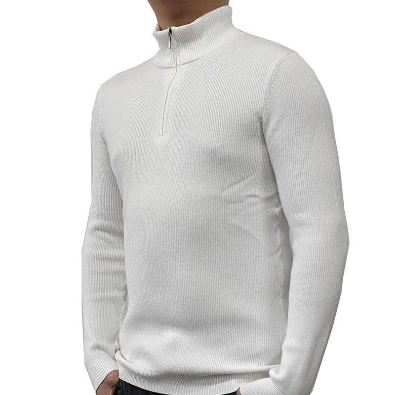 A man's grey half turtleneck zip sweater made from a cotton blend fabric, shown on a hanger.