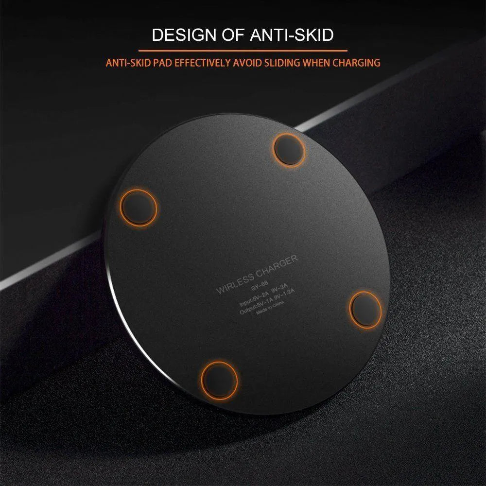 Ultra-thin black wireless fast charging pad measuring 98mm square with USB cable