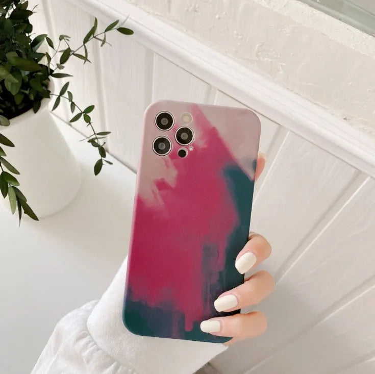 Soft silicone phone case with oil painting gradient geometry abstract pattern in blue green pink purple for iPhone
