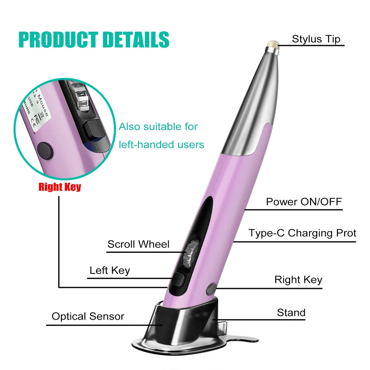 Creative vertical pen mouse wireless 1600DPI in red with NANO receiver on white background