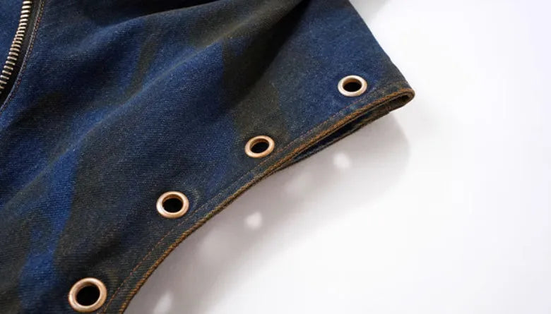 Blue hooded denim vest coat with matching trousers, men's Korean-style outfit set