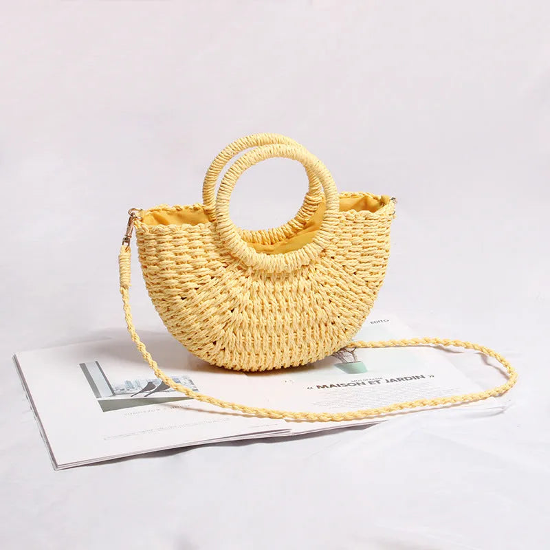 Seaside vacation beach mini straw bag in white with woven texture and open pocket design