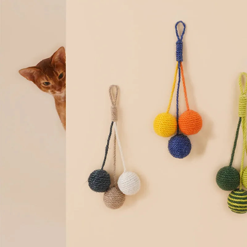 Cat toy set with teaser stick and catnip ball in blue, green, red, yellow colours
