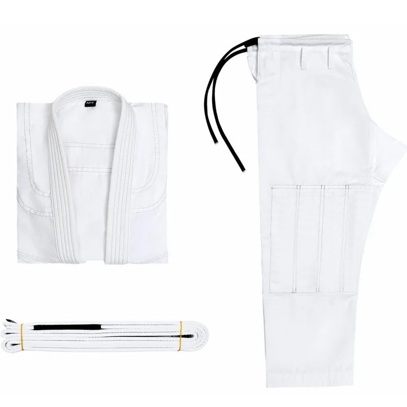 Brazilian Jiu-Jitsu Gi uniform in cotton blend fabric, showing top and trousers in a choice of colours.