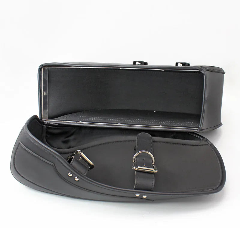 Retro style motorcycle saddle bag in PU leather showing black and brown colour options with 42 cm dimensions